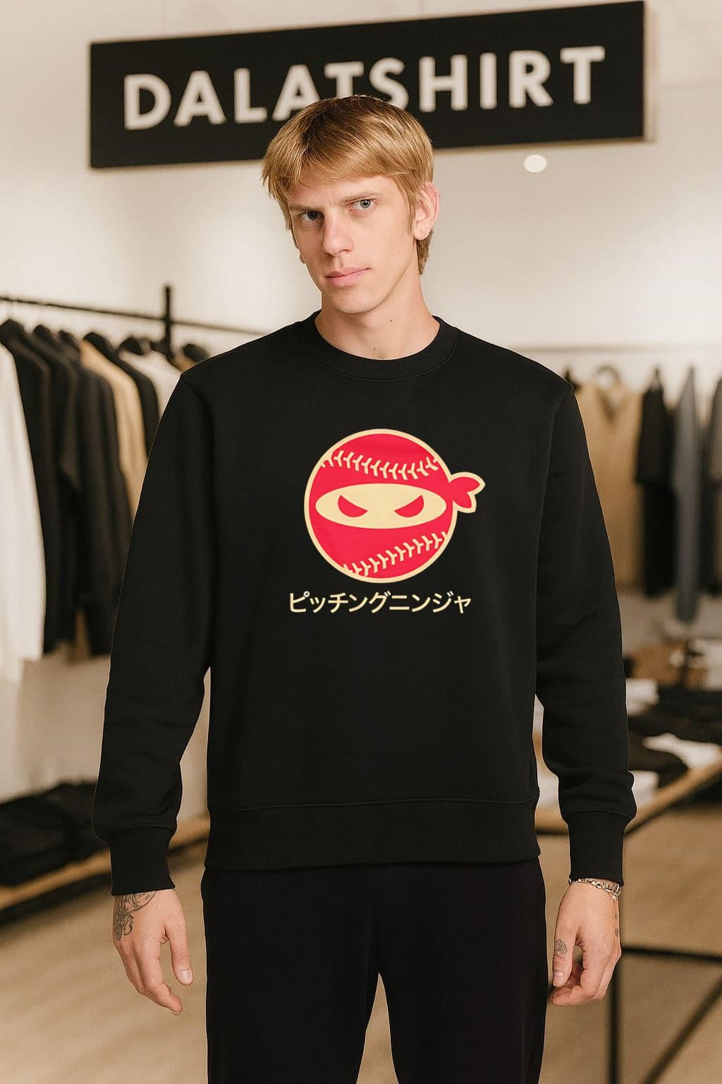 Red Pitching Ninja Logo With Japanese Katana Text shirt
