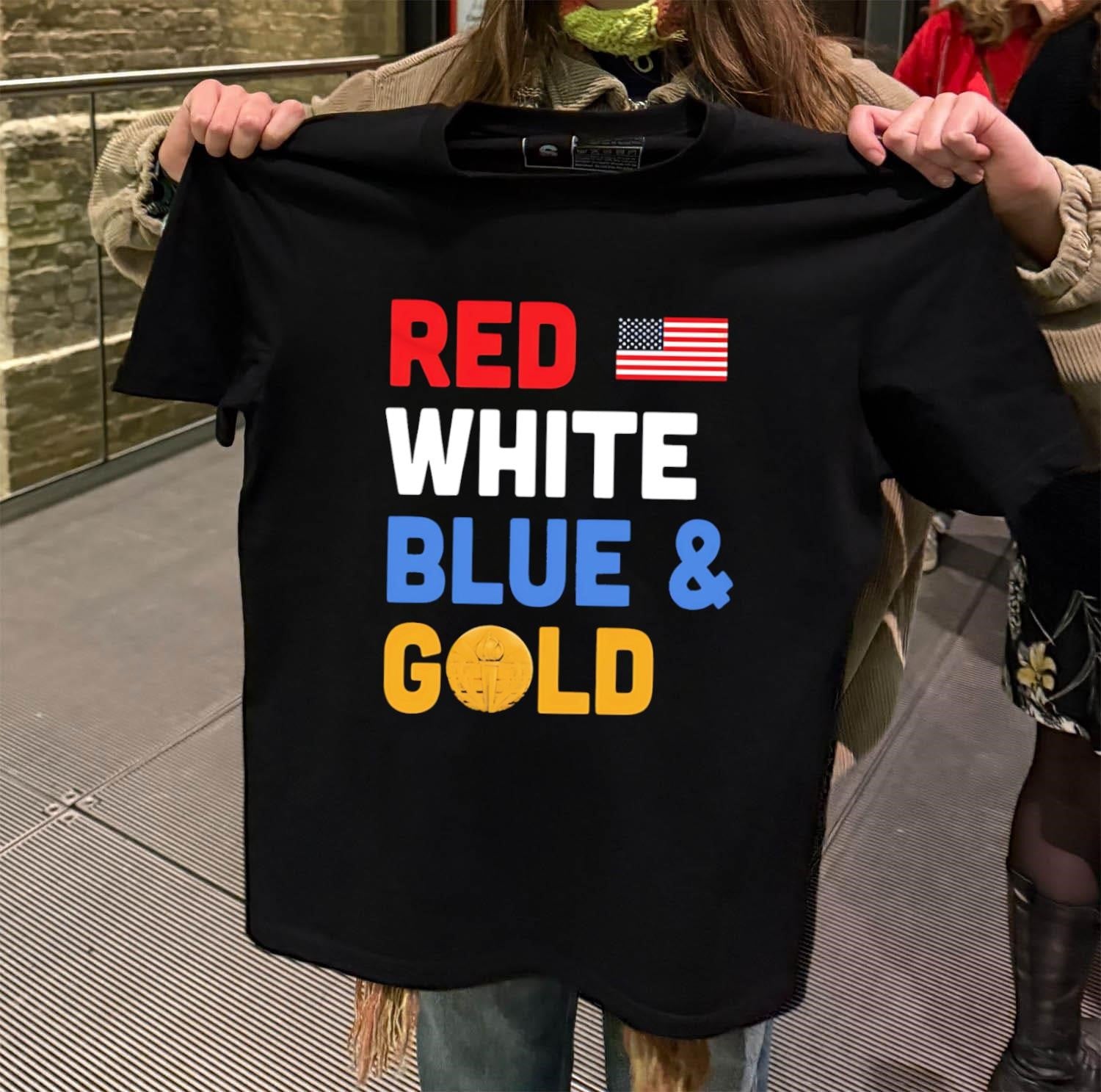 Red White Blue & Gold US flag torch graphic shirt