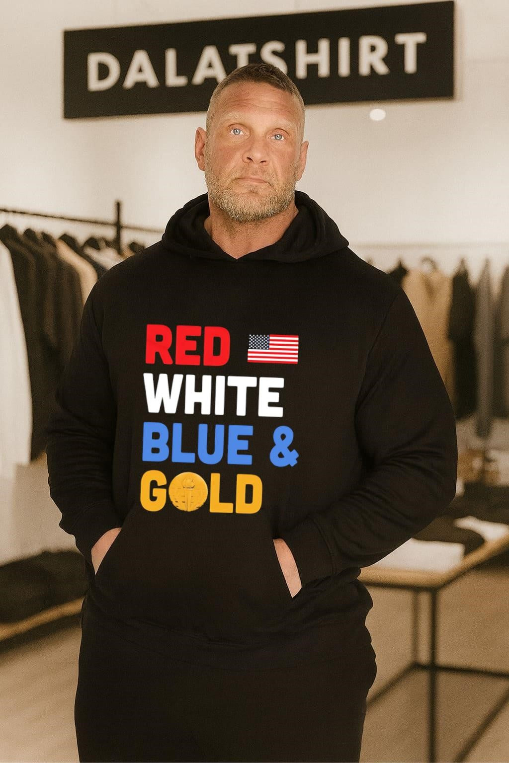 Red White Blue & Gold US flag torch graphic shirt