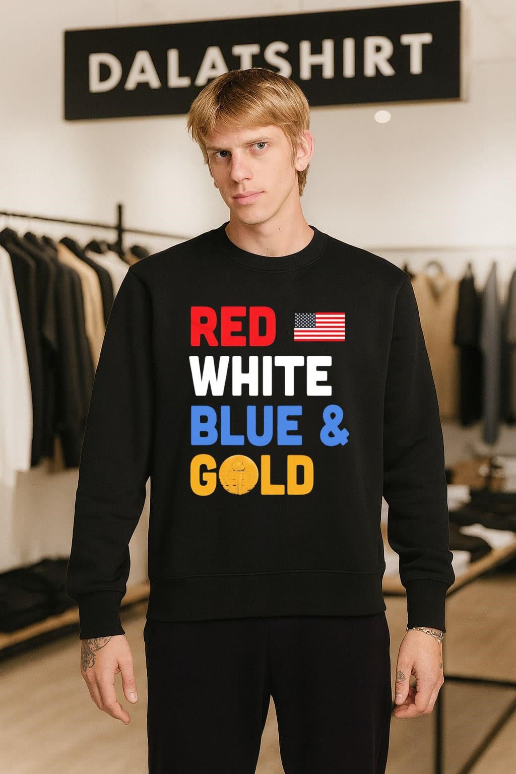 Red White Blue & Gold US flag torch graphic shirt