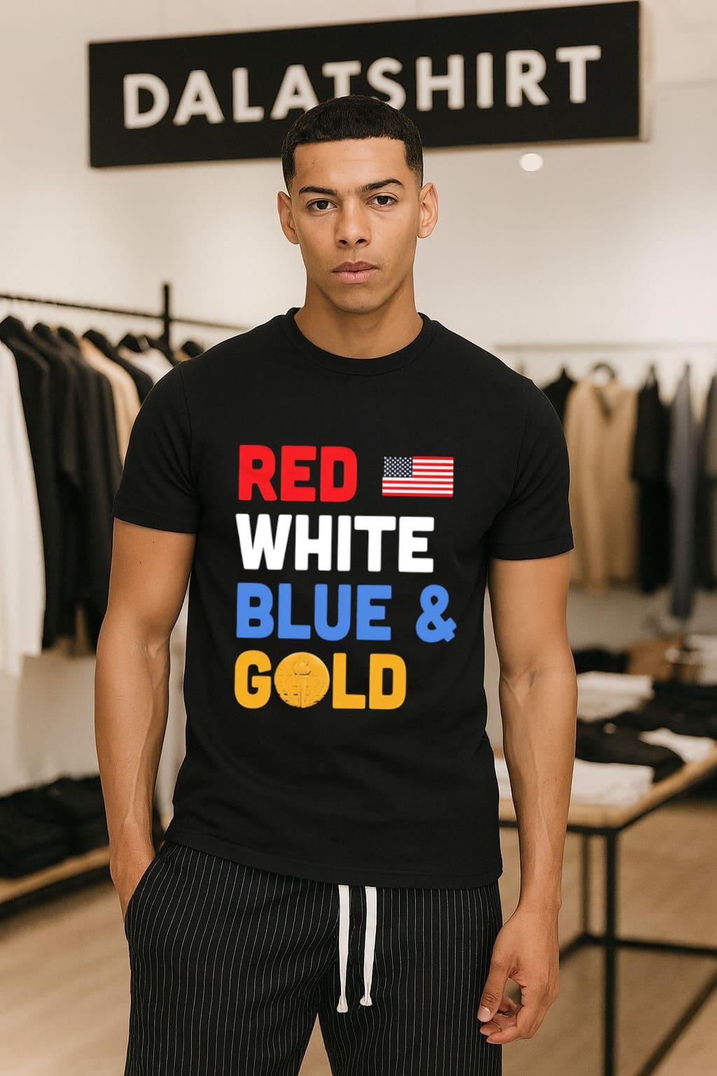 Red White Blue & Gold US flag torch graphic shirt