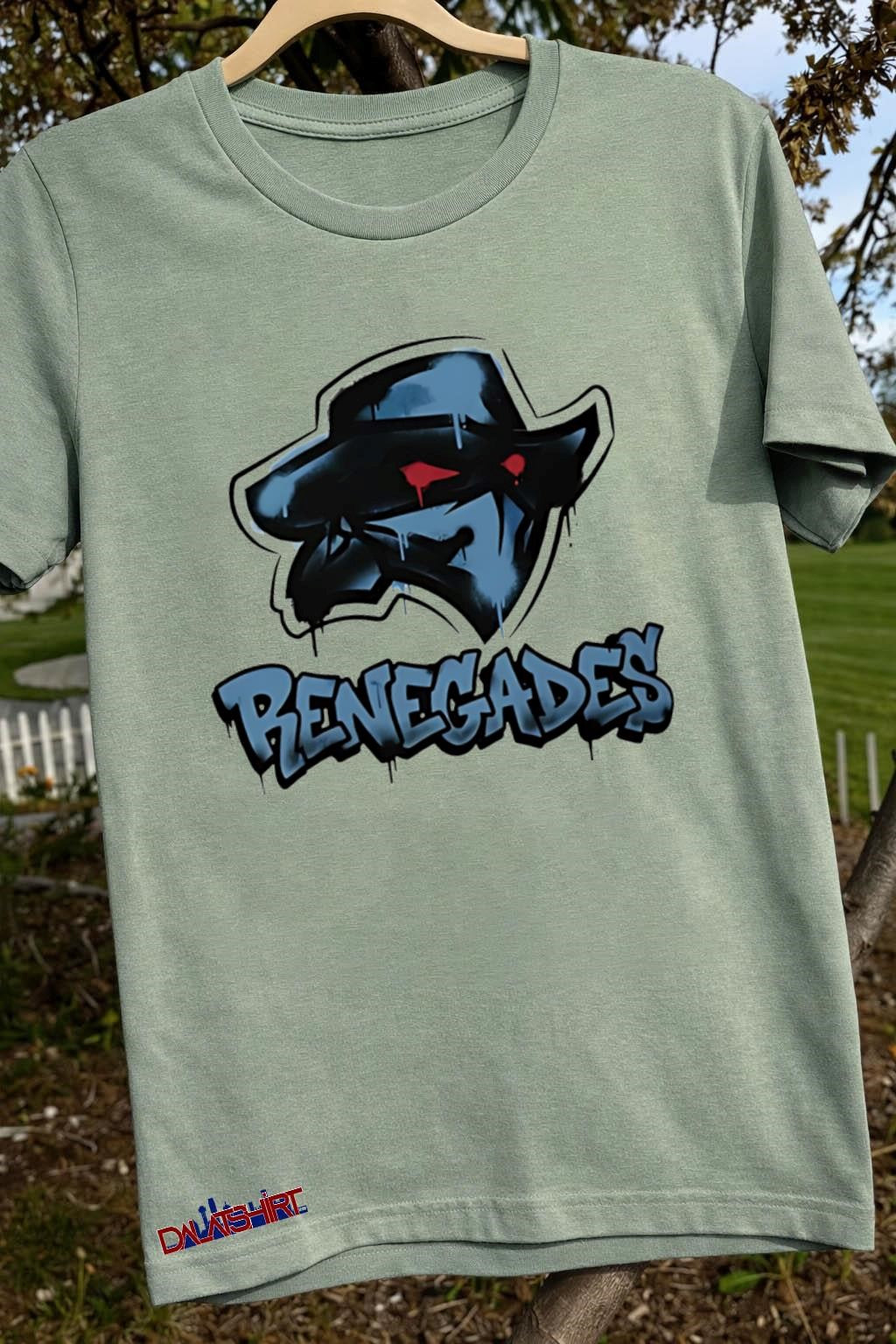 Renegades masked character logo with blue graffiti style shirt