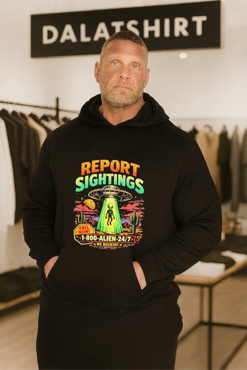 Report Sightings 1-800-ALIEN-247 UFO and alien desert shirt