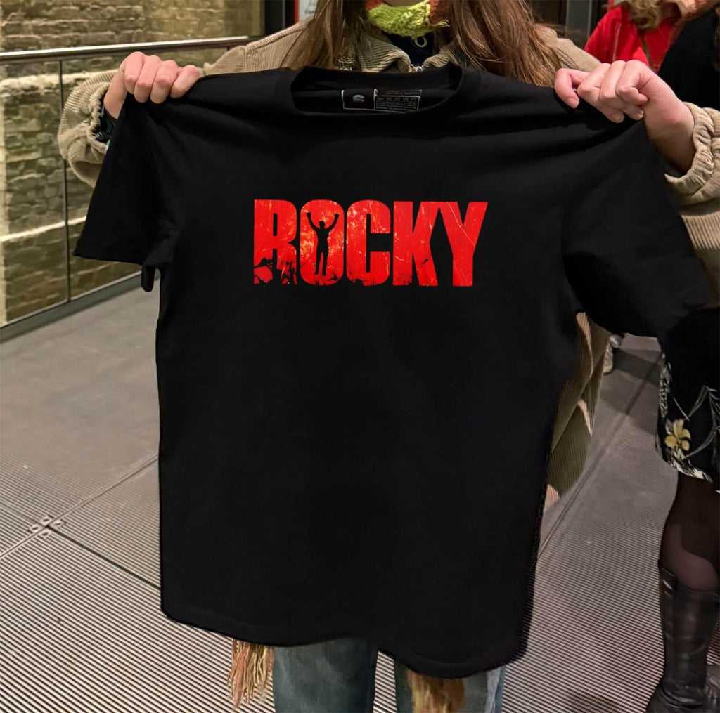 Rocky Movie Red Distressed Text Silhouette Arms Raised Up shirt
