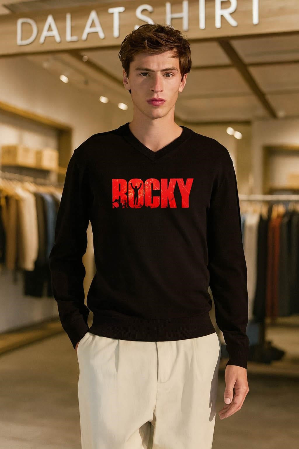 Rocky Movie Red Distressed Text Silhouette Arms Raised Up shirt