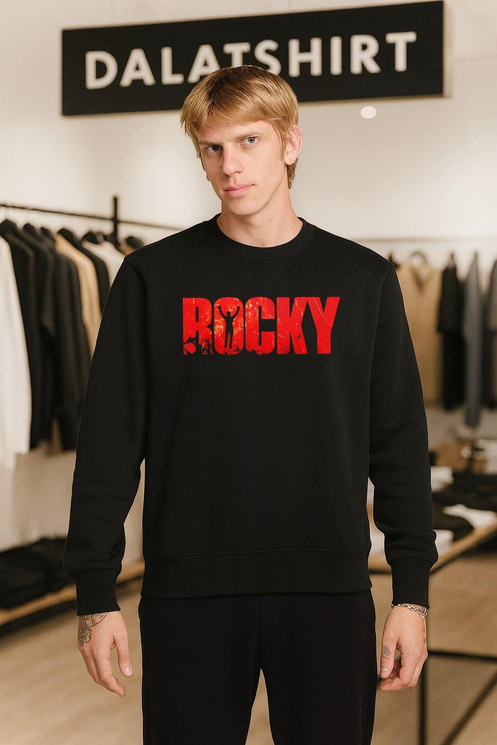 Rocky Movie Red Distressed Text Silhouette Arms Raised Up shirt