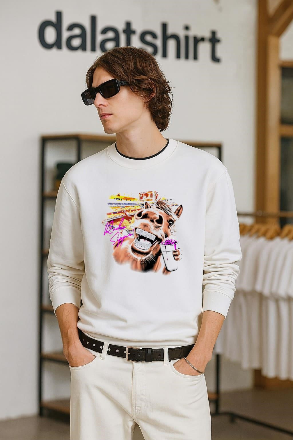 Rodeo Sippin Horse with Diamond Grillz Holding Foam Cup shirt