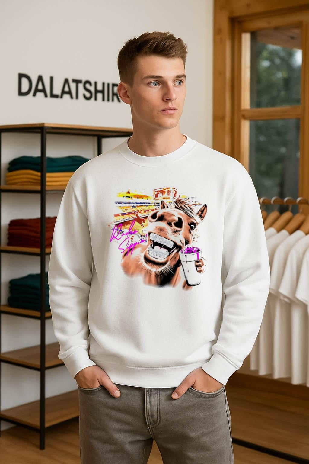 Rodeo Sippin Horse with Diamond Grillz Holding Foam Cup shirt