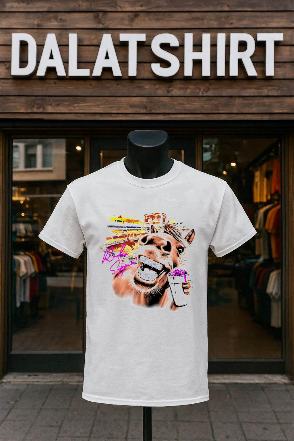 Rodeo Sippin Horse with Diamond Grillz Holding Foam Cup shirt
