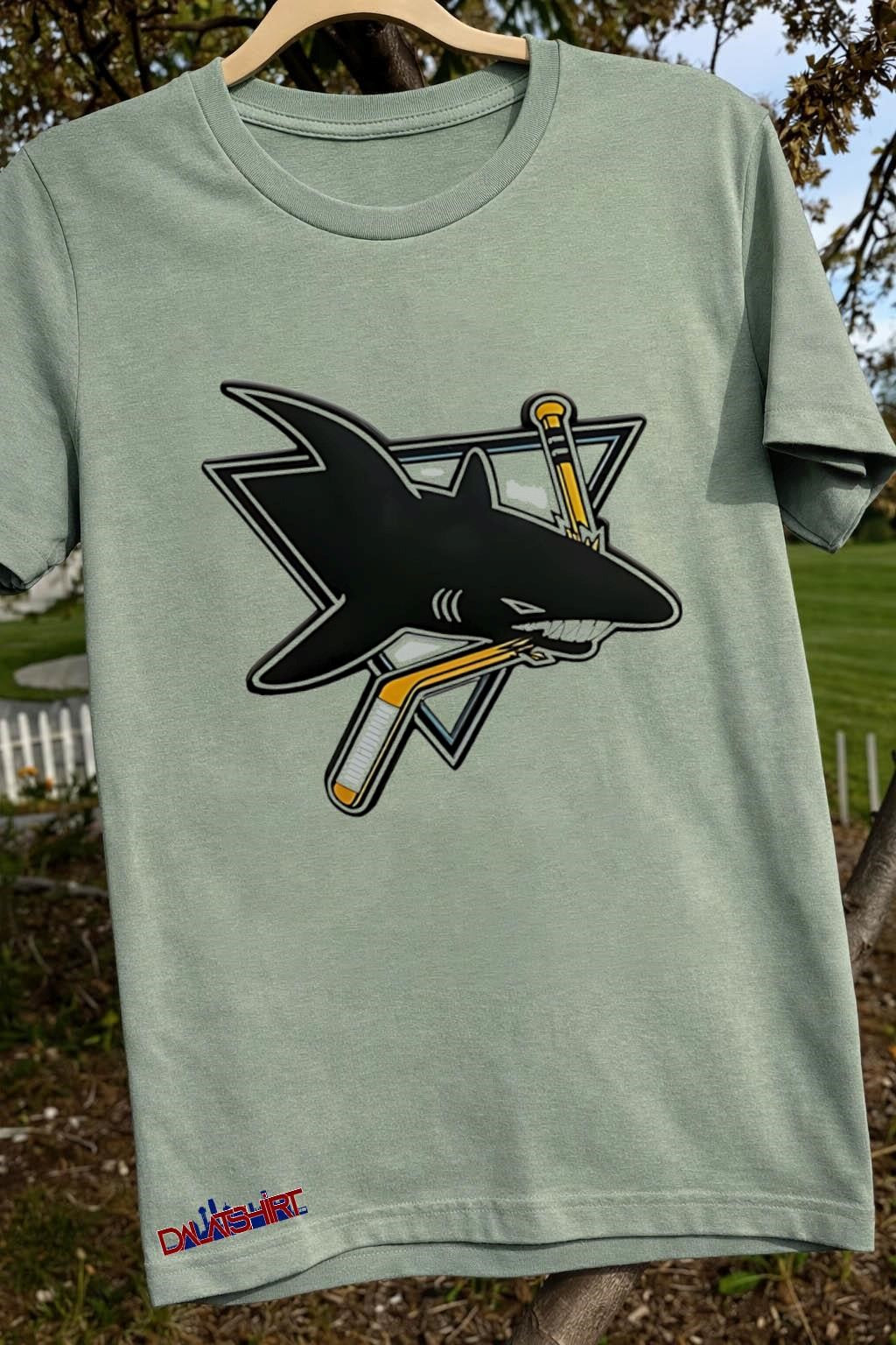 San Jose Sharks Logo Biting Hockey Stick Triangle Graphic Sports shirt