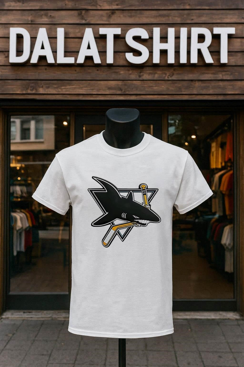 San Jose Sharks Logo Biting Hockey Stick Triangle Graphic Sports shirt
