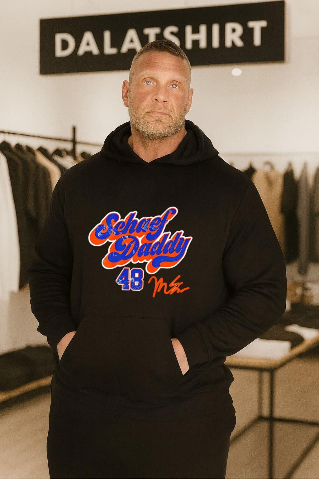 Schoef Daddy 48 Orange and Blue Script Signature shirt