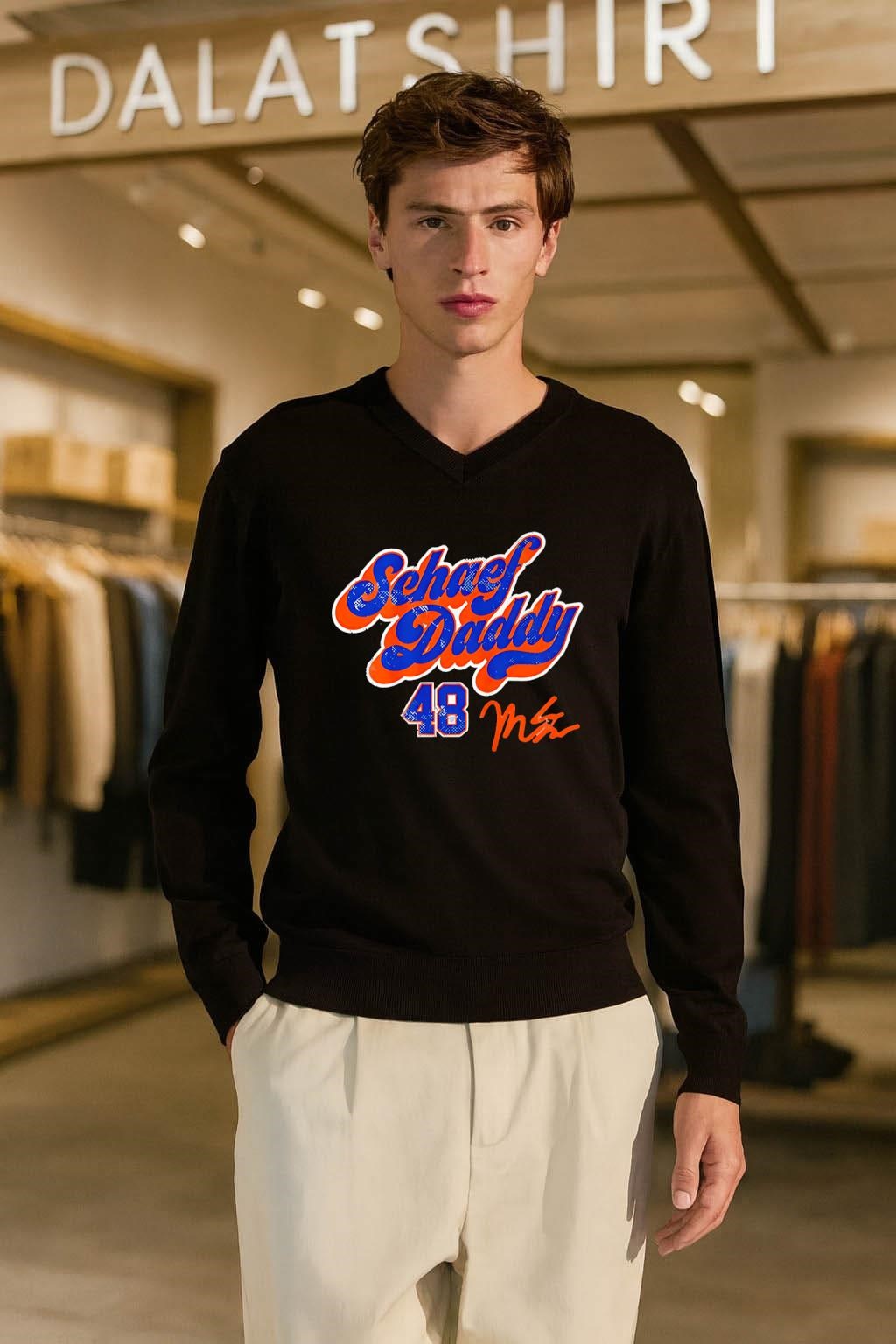 Schoef Daddy 48 Orange and Blue Script Signature shirt