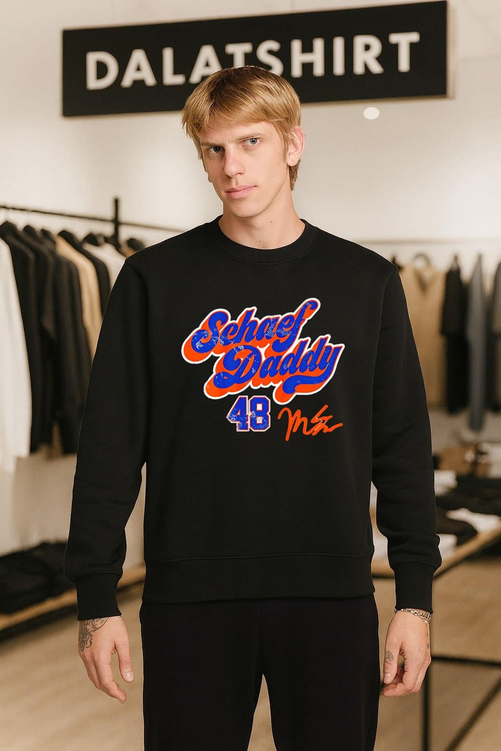 Schoef Daddy 48 Orange and Blue Script Signature shirt