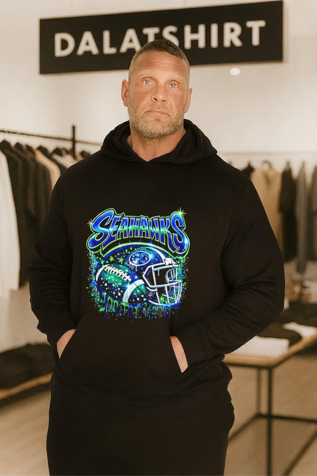 Seahawks Go Football Helmet and Ball Blue Green Drip Sparkle shirt