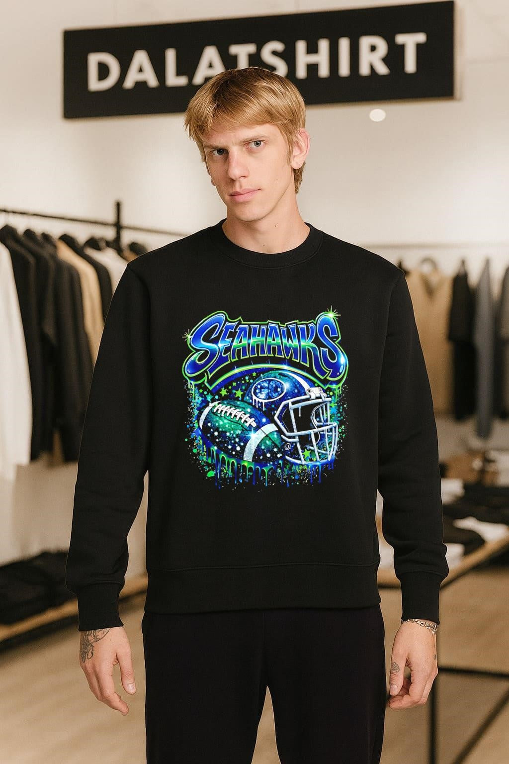 Seahawks Go Football Helmet and Ball Blue Green Drip Sparkle shirt