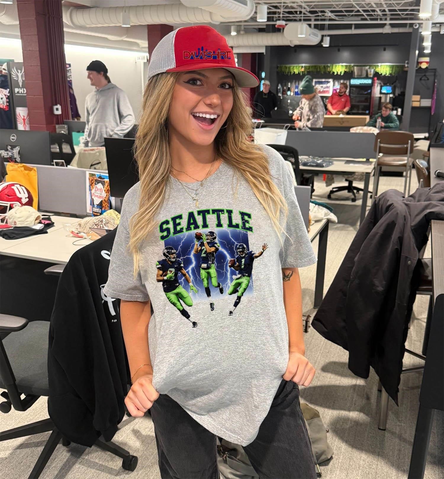 Seattle College Font Lightning Bolt Football Players Action Pose shirt