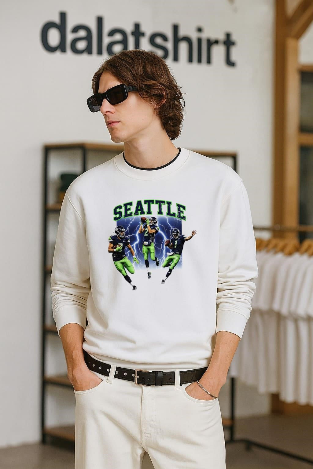 Seattle College Font Lightning Bolt Football Players Action Pose shirt