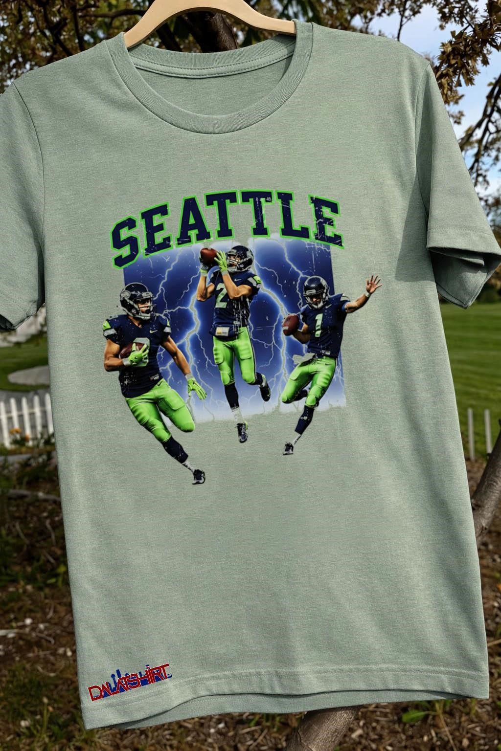 Seattle College Font Lightning Bolt Football Players Action Pose shirt