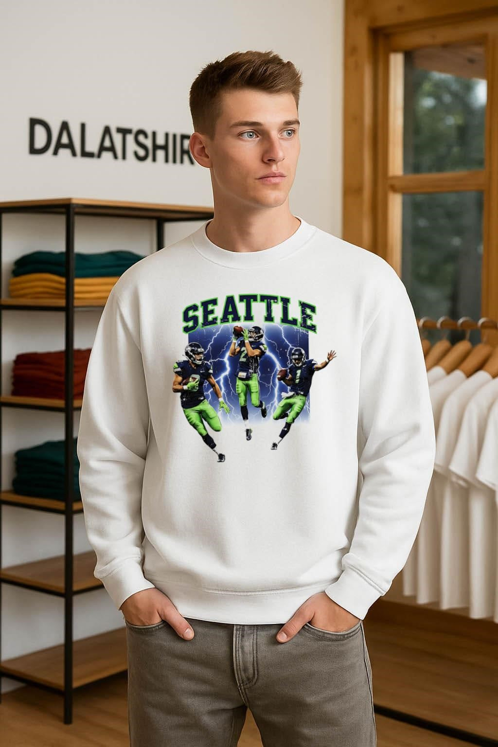 Seattle College Font Lightning Bolt Football Players Action Pose shirt
