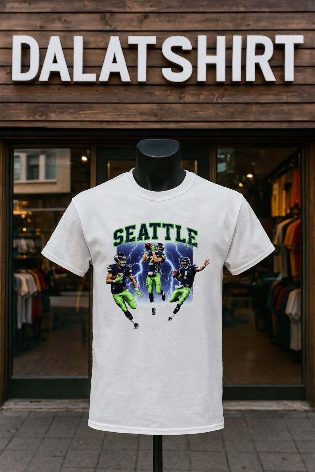Seattle College Font Lightning Bolt Football Players Action Pose shirt