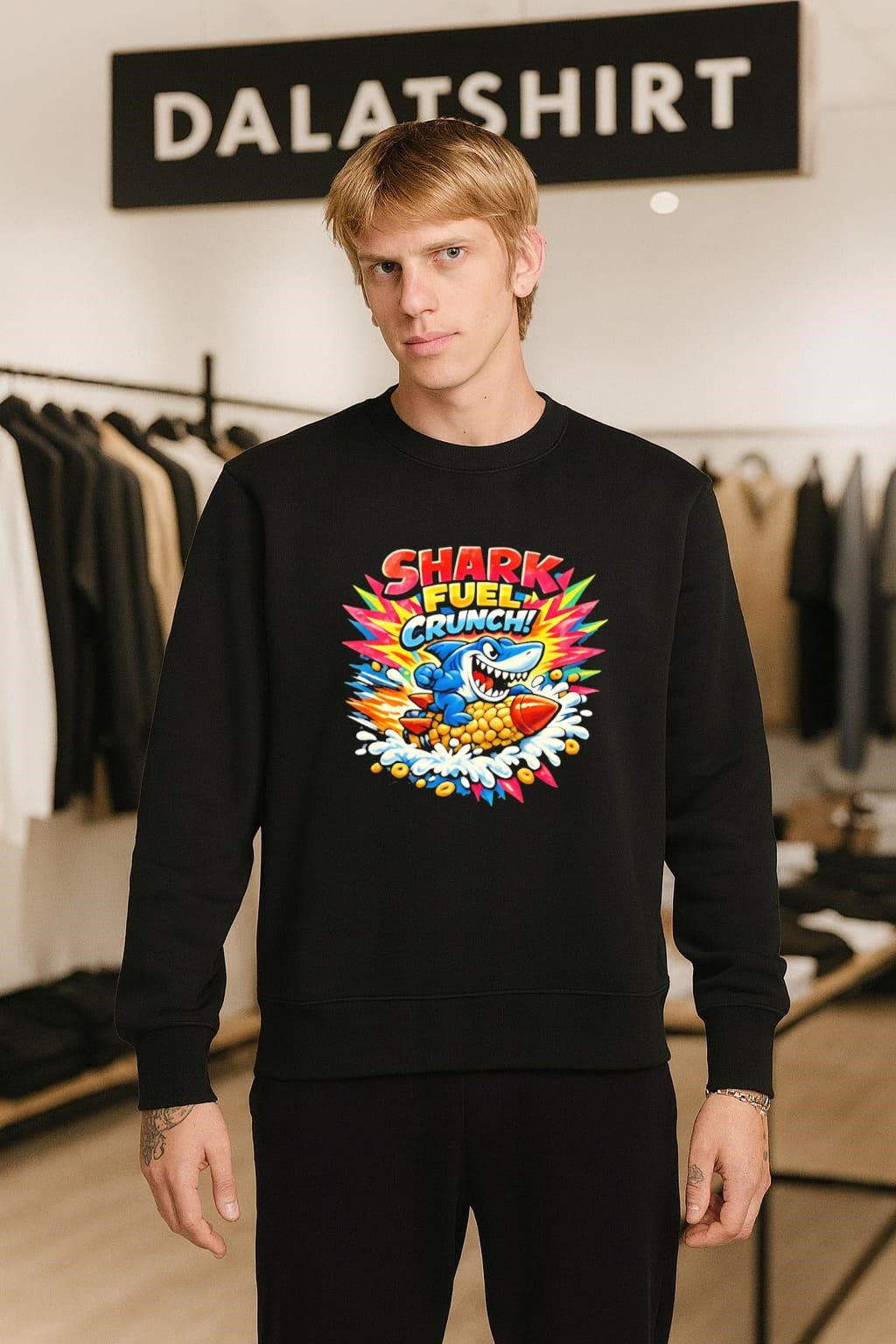 Shark Fuel Crunch blue shark riding a corn rocket shirt