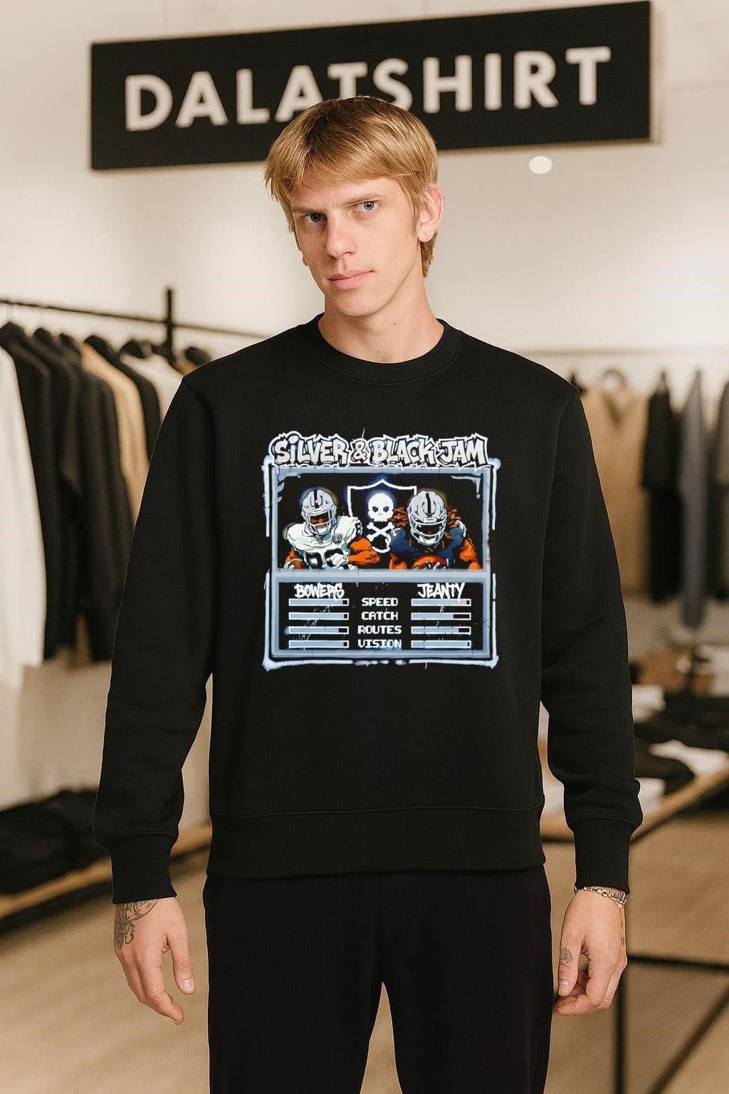 Silver & Black Jam Bowers Jeanty Raiders Skull shirt