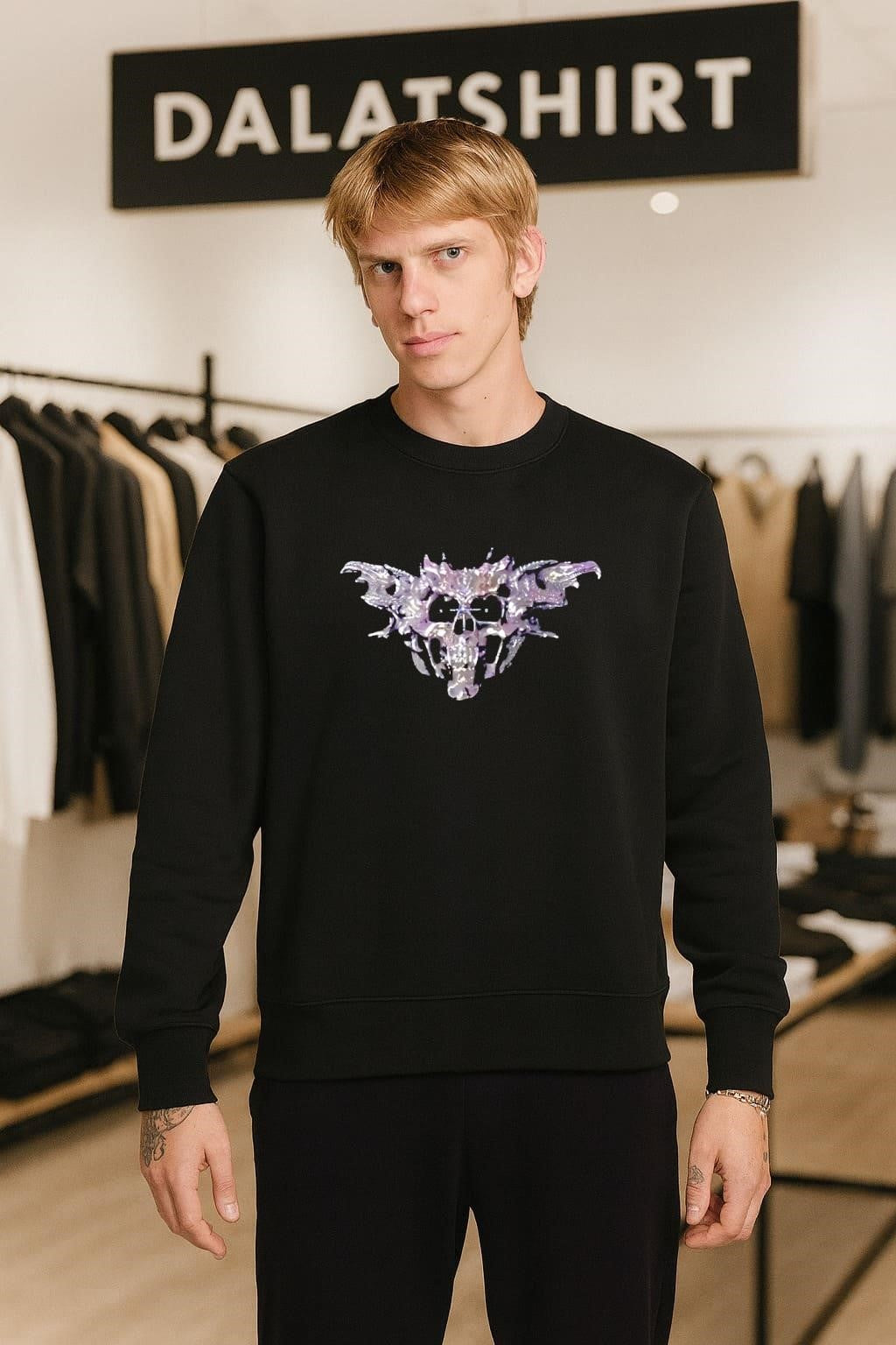 Silver metallic gothic skull with wide wings design shirt