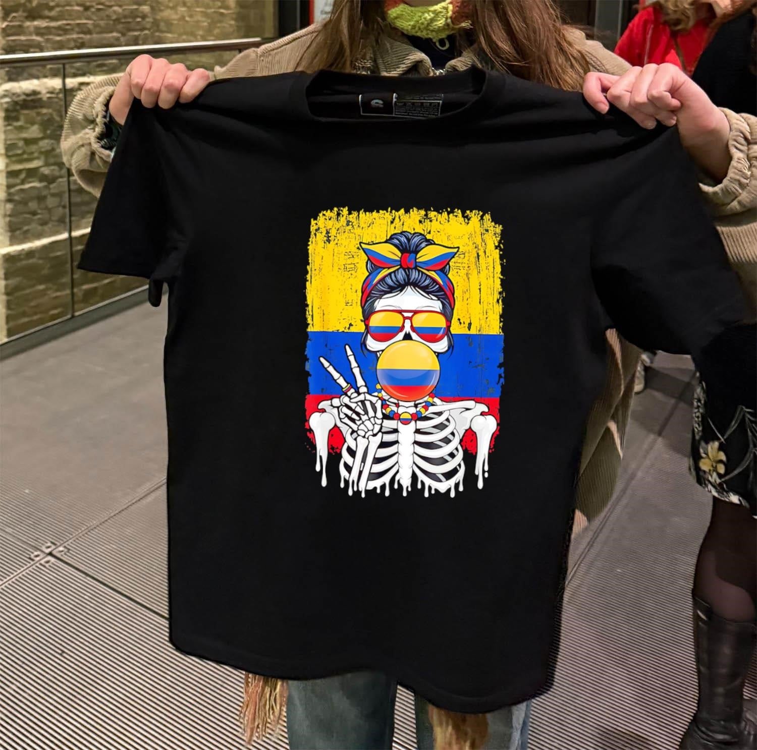 Skeleton Girl Colombia Flag Glasses Peace Sign Bubble Gum shirt