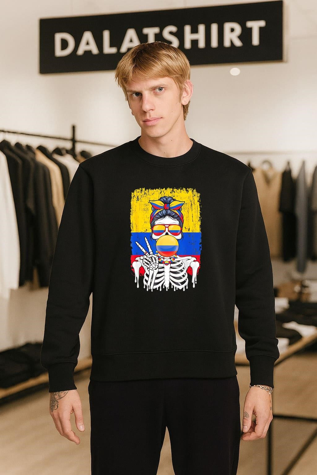 Skeleton Girl Colombia Flag Glasses Peace Sign Bubble Gum shirt