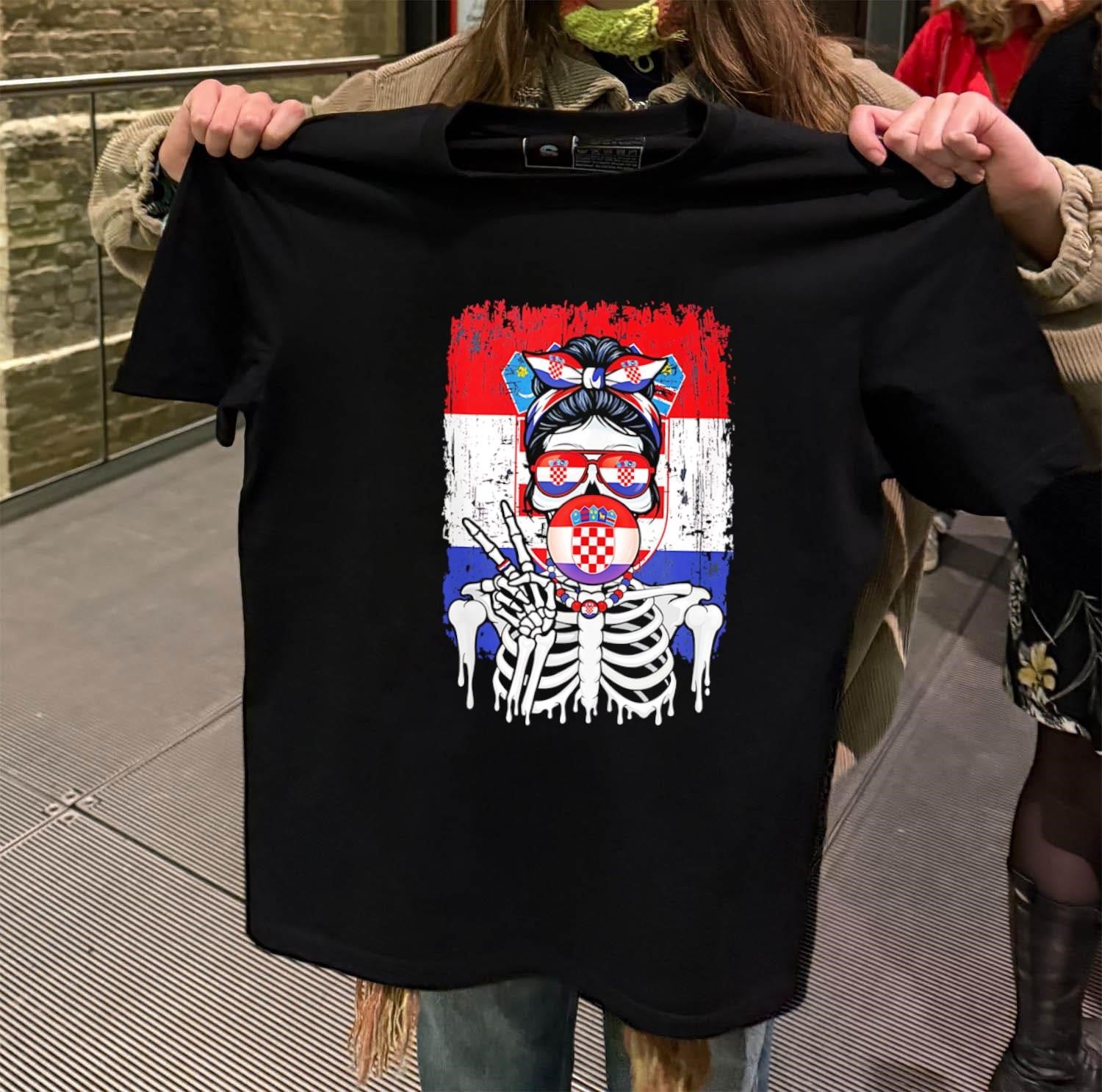 Skeleton Girl Croatia Flag Glasses Peace Sign Bubble Gum shirt