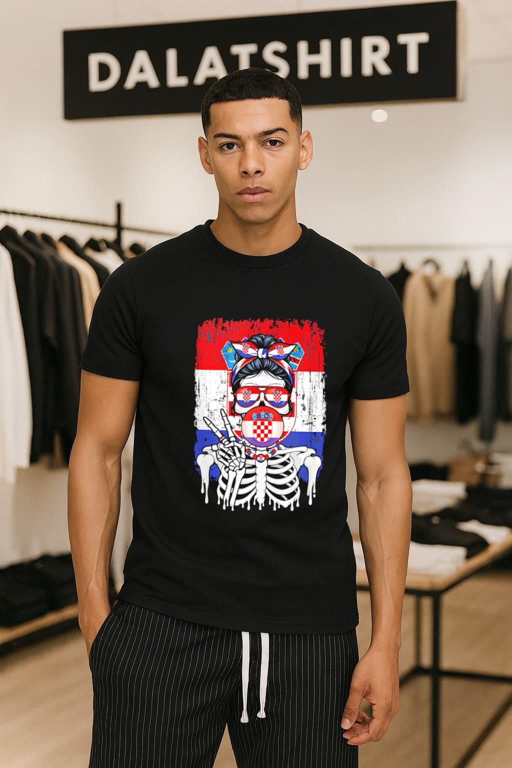 Skeleton Girl Croatia Flag Glasses Peace Sign Bubble Gum shirt