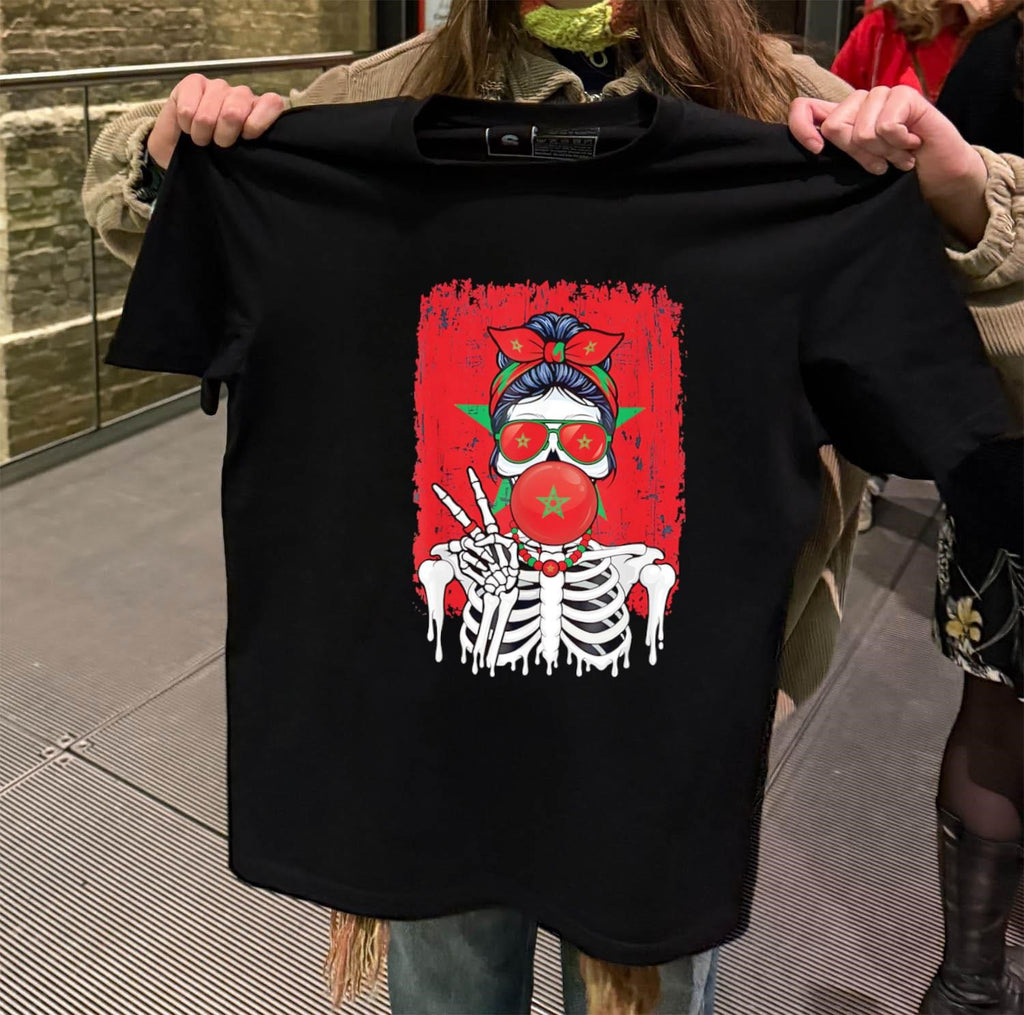 Skeleton Girl Morocco Flag Glasses Peace Sign Bubble Gum shirt
