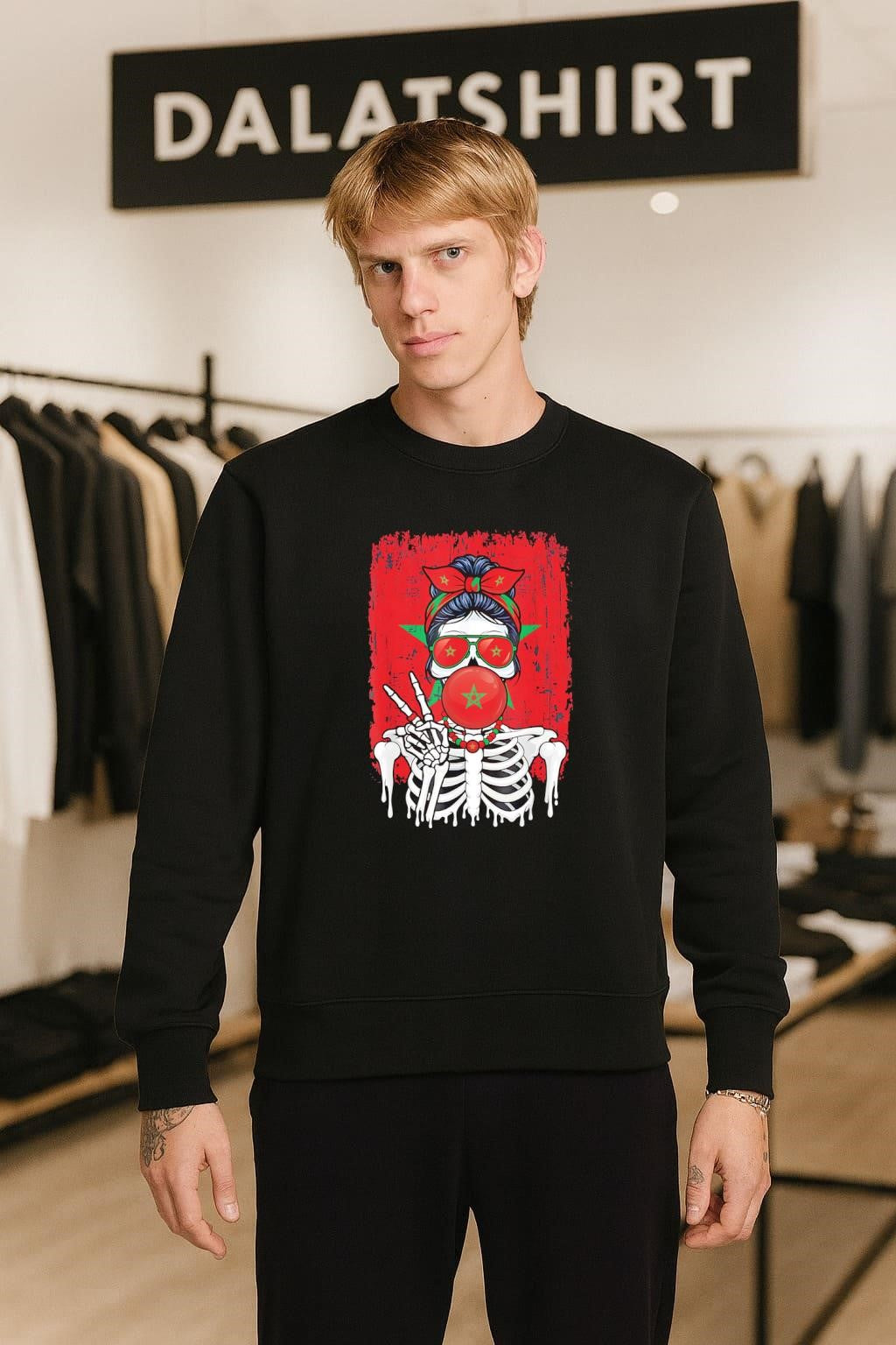 Skeleton Girl Morocco Flag Glasses Peace Sign Bubble Gum shirt