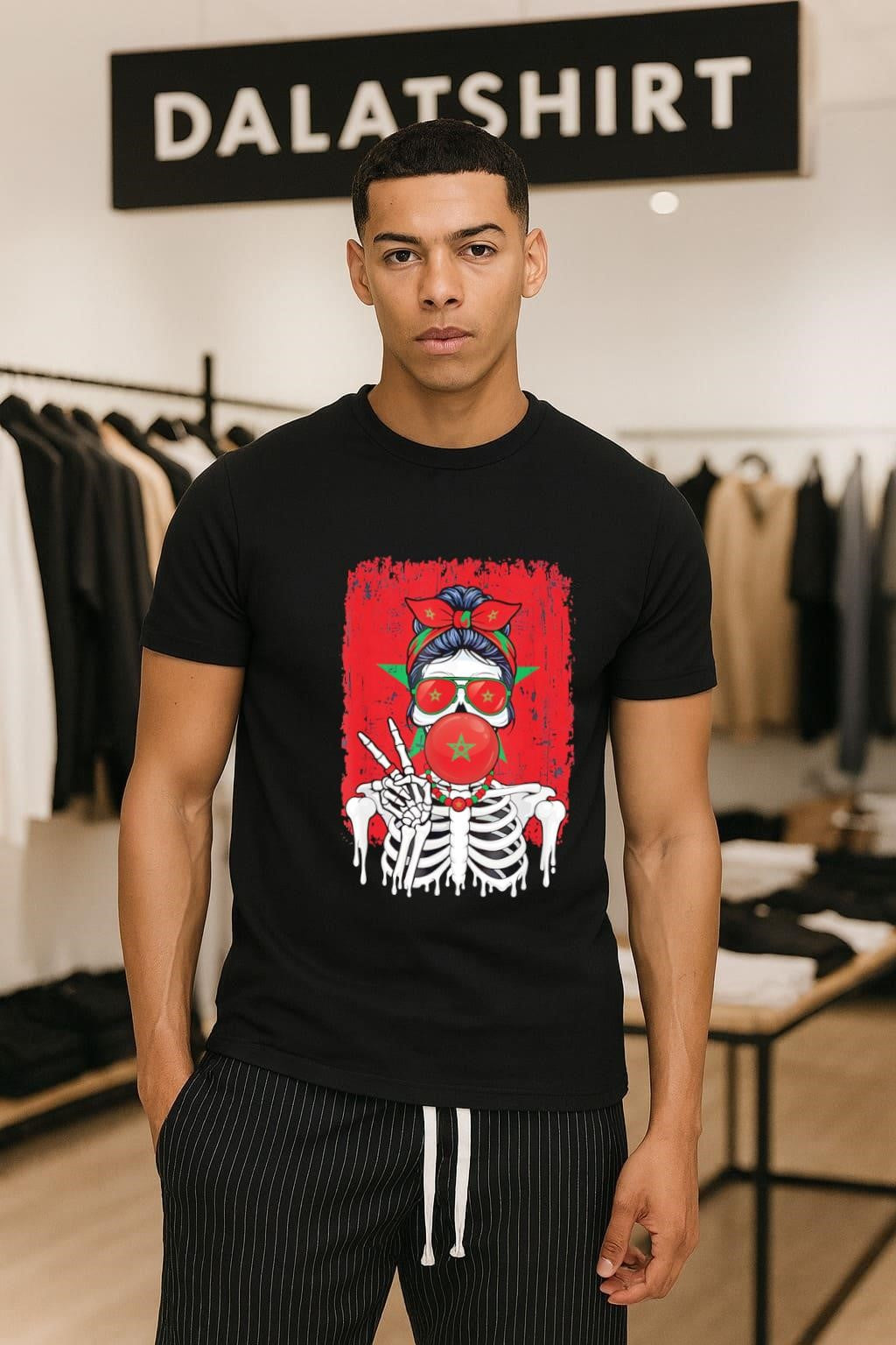 Skeleton Girl Morocco Flag Glasses Peace Sign Bubble Gum shirt