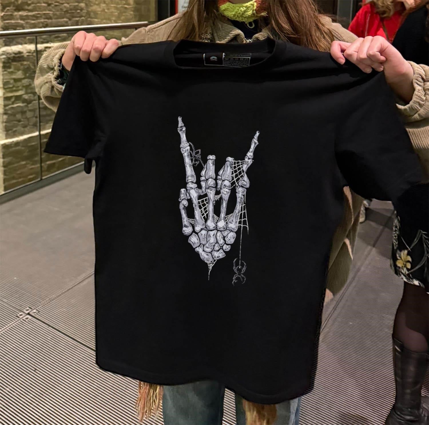 Skeleton Rock On Hand Sign Spider Web Halloween Graphic shirt