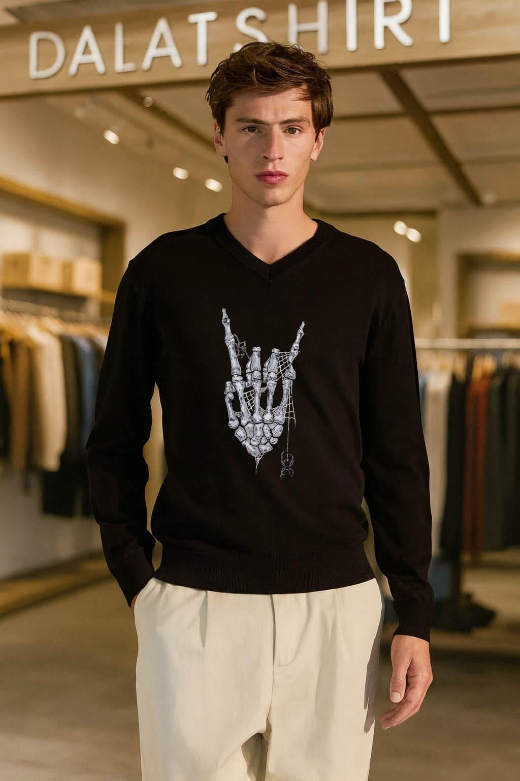 Skeleton Rock On Hand Sign Spider Web Halloween Graphic shirt