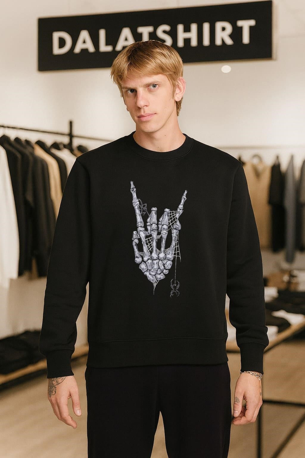 Skeleton Rock On Hand Sign Spider Web Halloween Graphic shirt