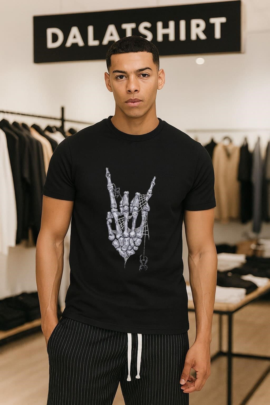 Skeleton Rock On Hand Sign Spider Web Halloween Graphic shirt