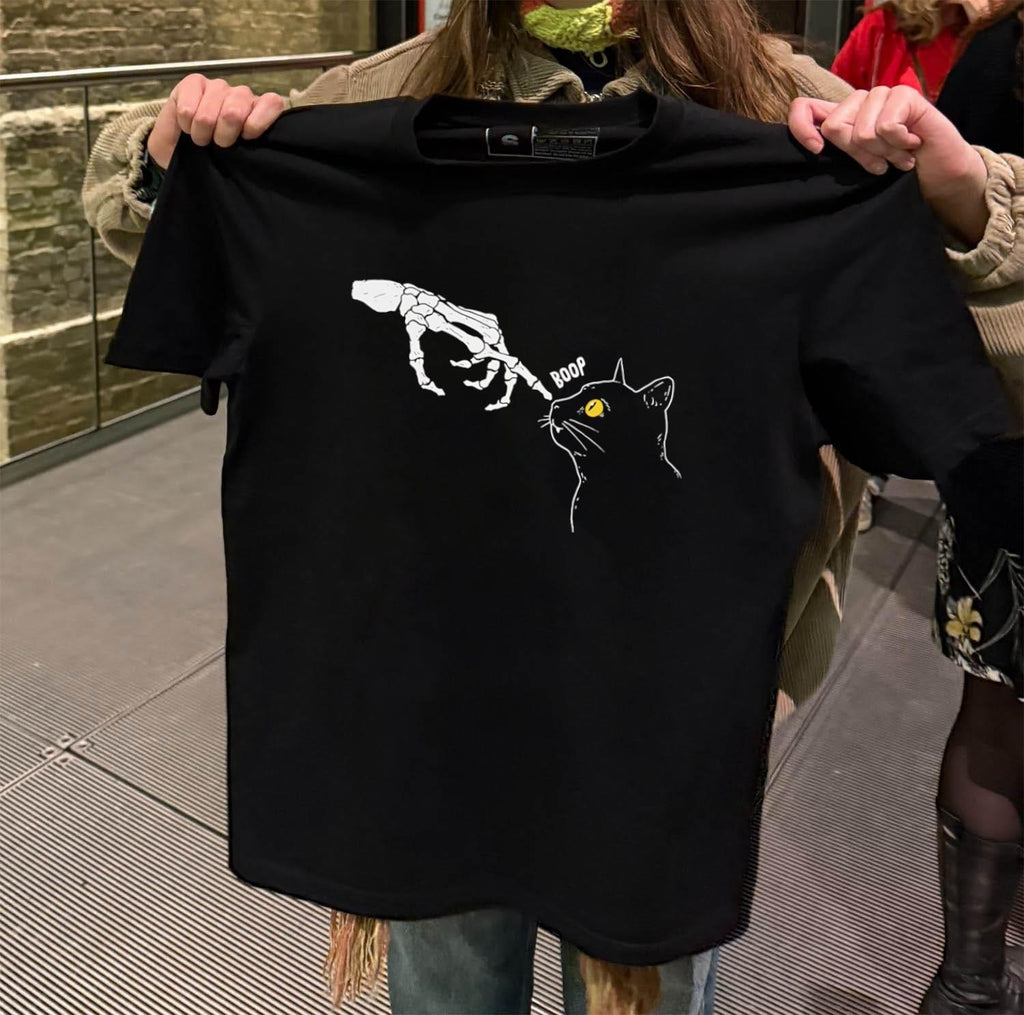 Skeleton hand touching black cat nose shirt