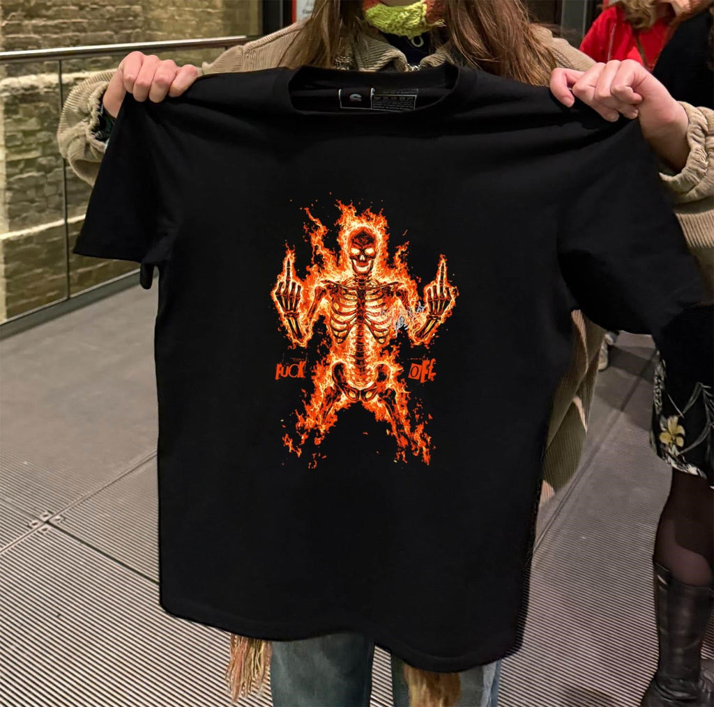 Skeleton on Fire Giving Middle Finger Fuck Off Flaming shirt