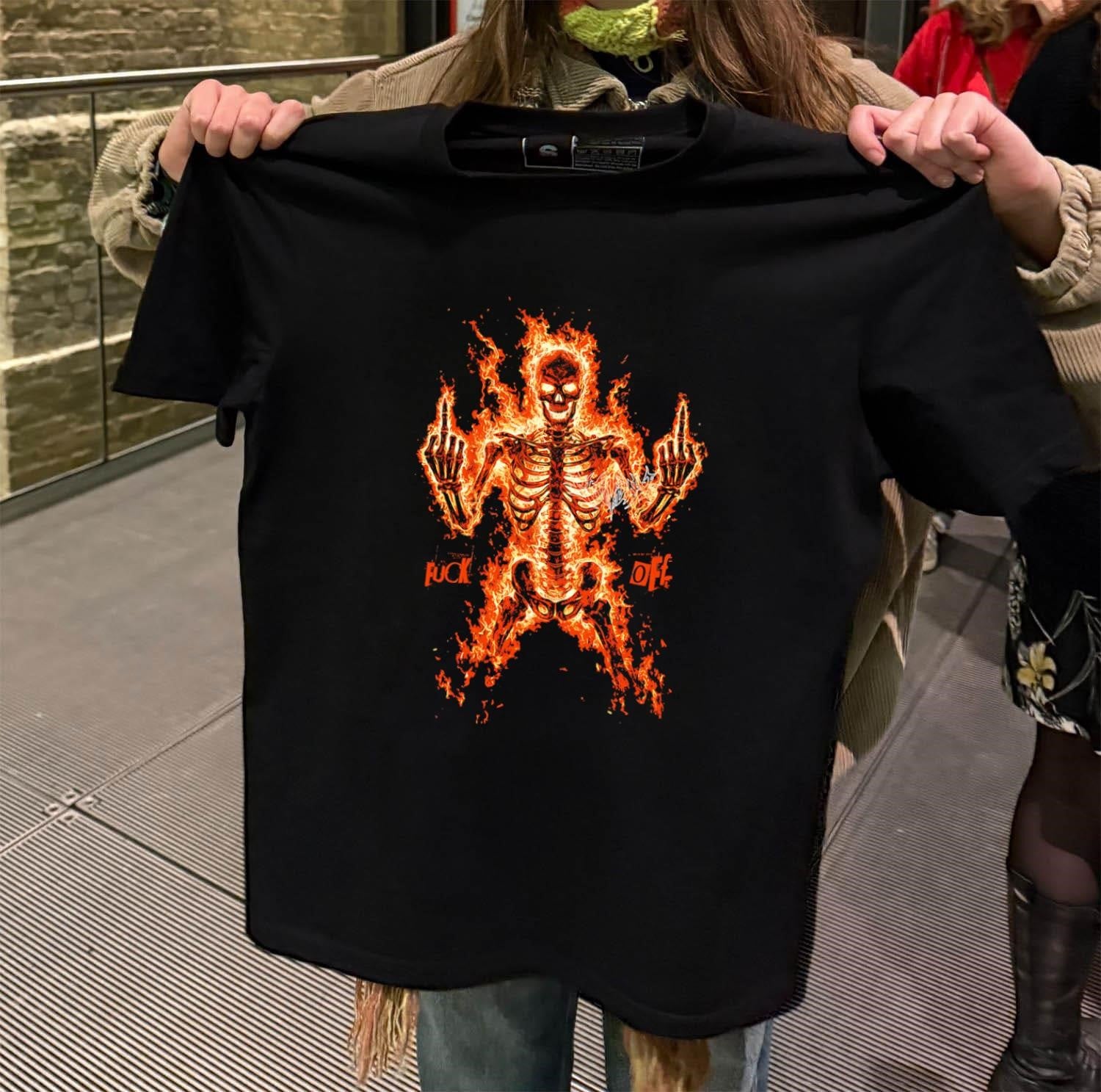 Skeleton on Fire Giving Middle Finger Fuck Off Flaming shirt