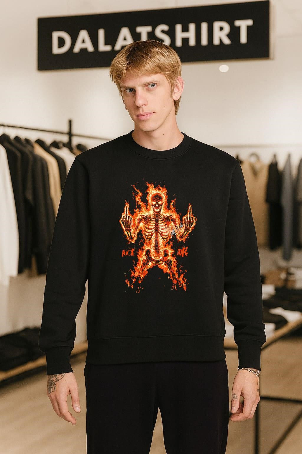 Skeleton on Fire Giving Middle Finger Fuck Off Flaming shirt