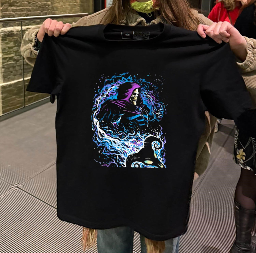 Skeletor Masters of the Universe purple hood magic lightning shirt