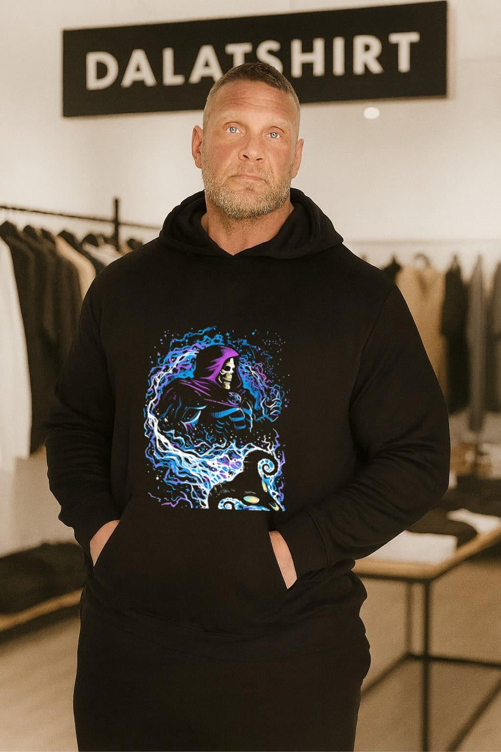 Skeletor Masters of the Universe purple hood magic lightning shirt