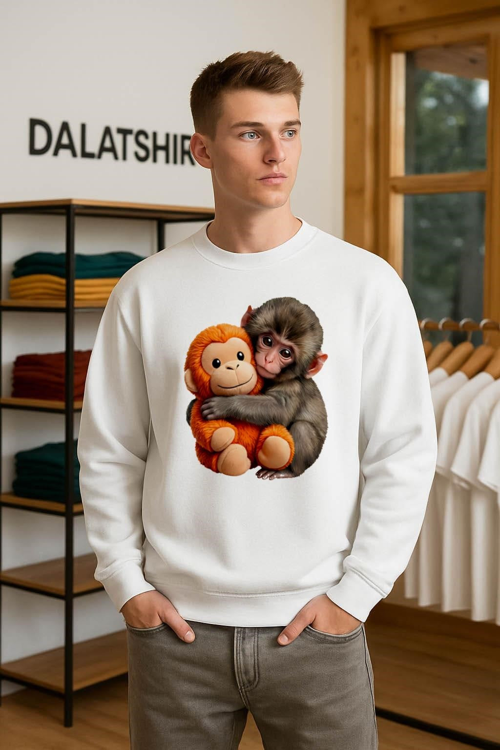 Small Brown Monkey Hugging Orange Stuffed Toy Animal shirt