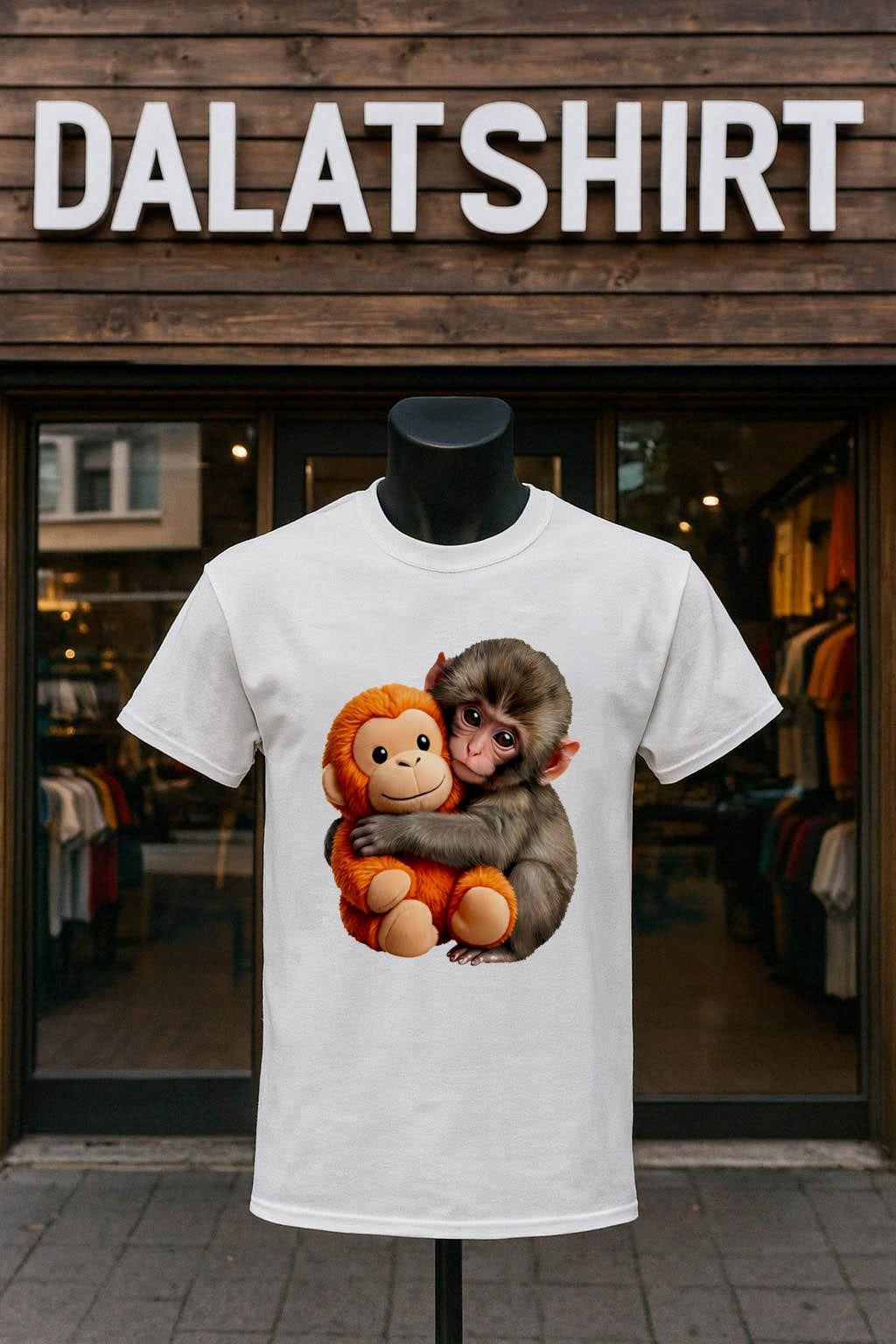 Small Brown Monkey Hugging Orange Stuffed Toy Animal shirt