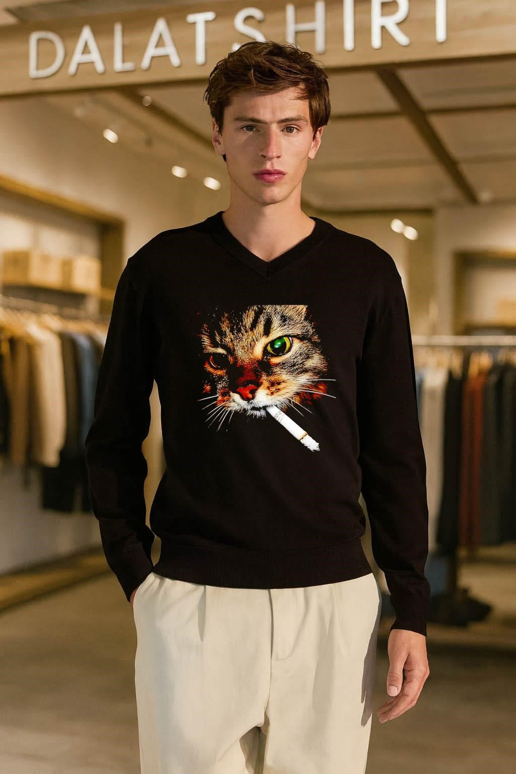 Smoking Tabby Cat Portrait With Russian Style Cigarette Graphic shirt
