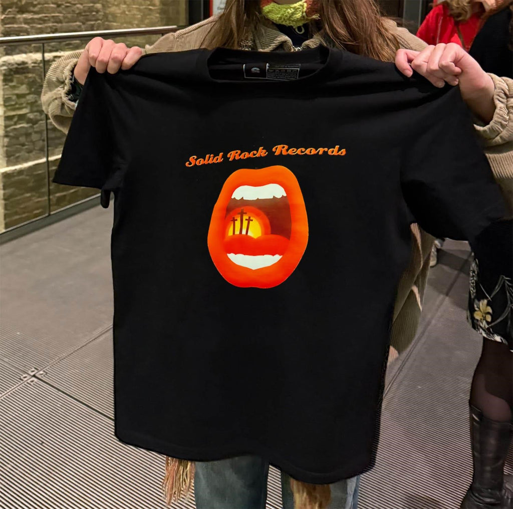 Solid Rock Records mouth with three crosses sunset shirt