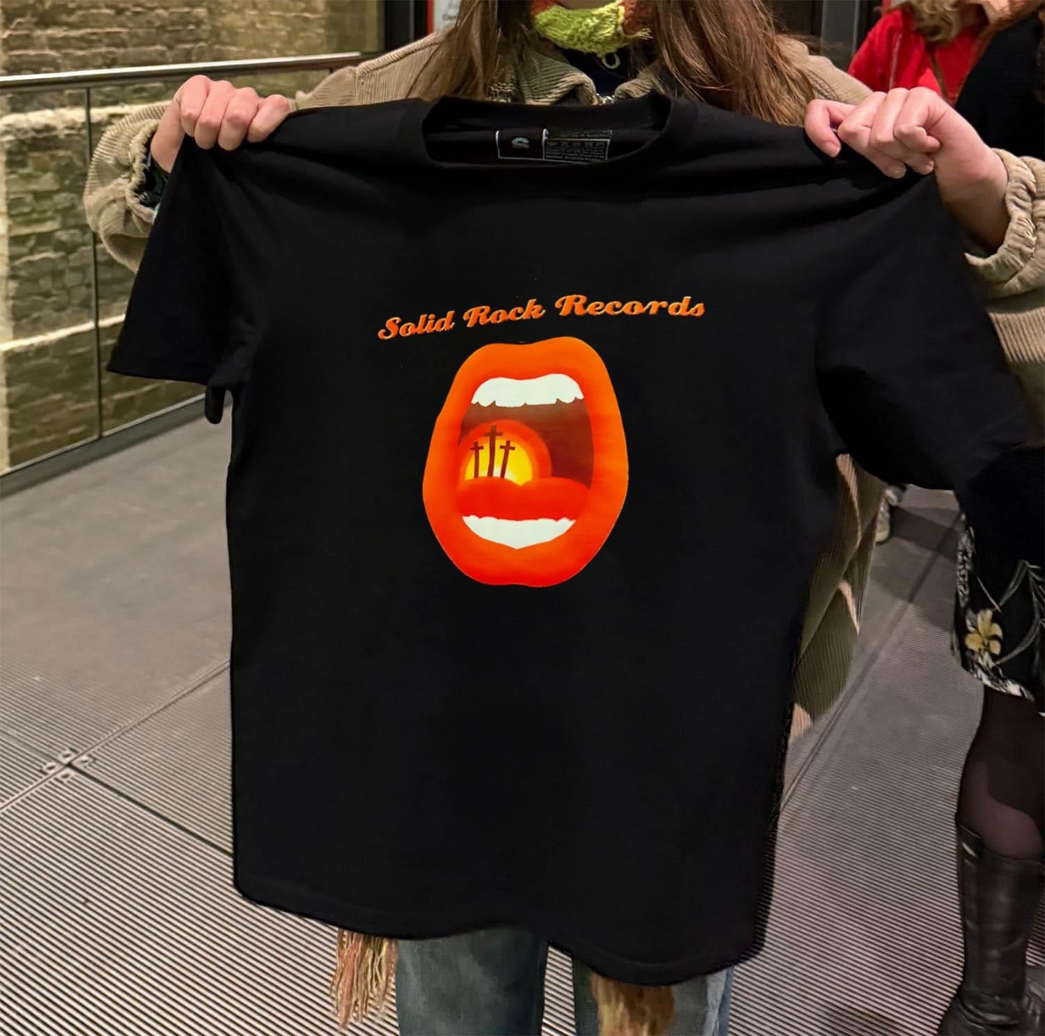 Solid Rock Records mouth with three crosses sunset shirt